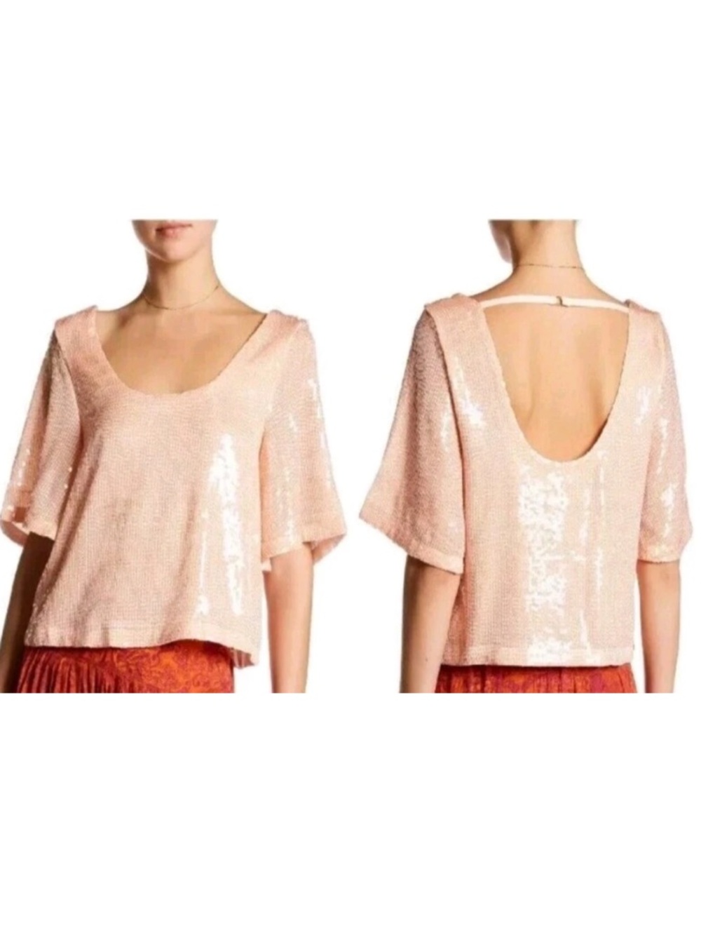 Free People Sequin Party Top Night Fever Peach Pearl Sparkle Blouse Size medium